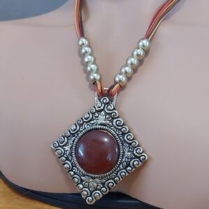 Gold Tone Boho Statement Necklace Red Cabochon Pendant Corded Chain